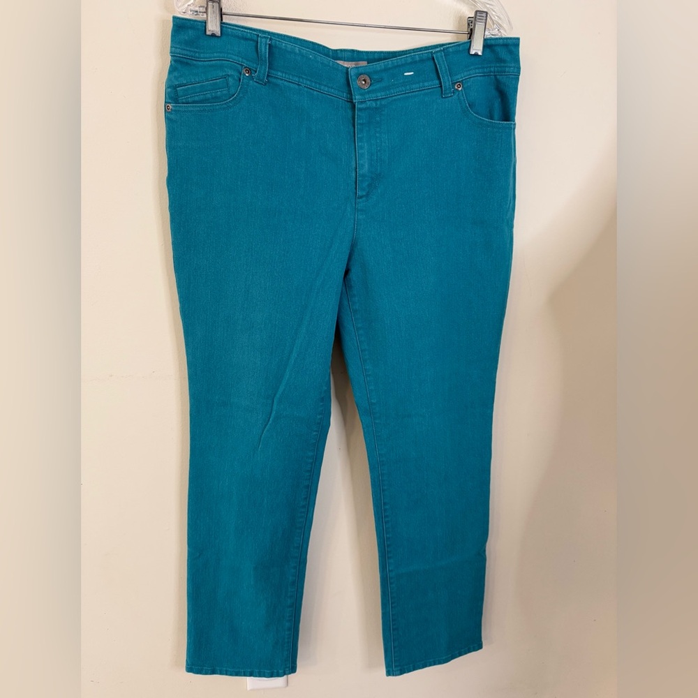 Chico’s Short colorful teal denim jeans zip button fly stretch five pockets SZ M
